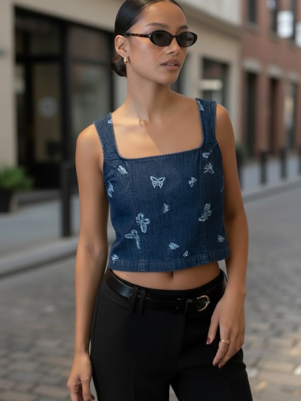 Wrapper Denim Crop Top Women's 5/6 Blue Butterfly Print Y2K Square Neck